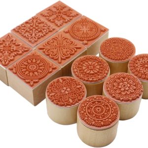 Fciqven 12Pcs Wooden Stamps Floral Pattern Rubber Stamp Round and Square Lace Wooden Rubber Stamp for Scrapbooking and DIY Craft Card